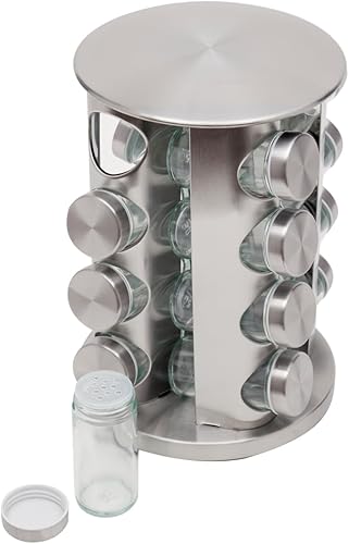 Miniatura 3 de Home Basics Estante giratorio para especias de 16 tarros, estante de carrusel con acabado plateado cepillado, organizador giratorio contemporáneo