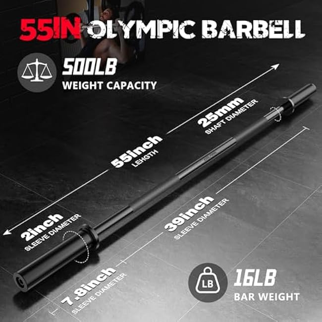 Olympic Barbell Bar 55, 2In-Weight Lifting Bar Standard Straight Barbell Bars for Bench Press/Hip Thrusts/Biceps/Lunges/Squat/Strength-Training Home Gym Weight Bar, 2 Collars(500lb Capacity)