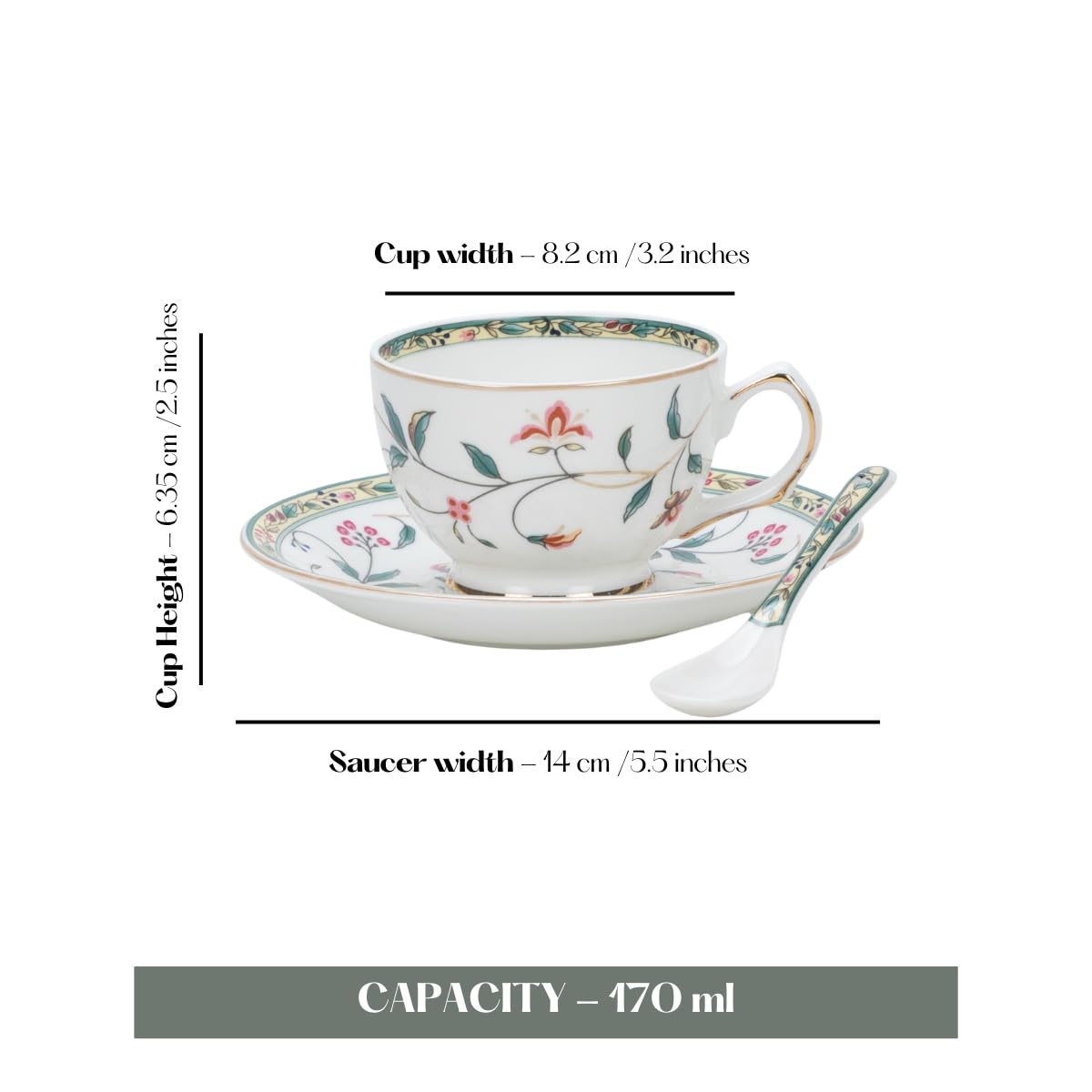 GOLDEN QUEEN'S Cup, Saucer & Spoons Set | Perfect for Hosting & for Tea/Coffee | Handcrafted in India | 24-Carat Gold Details | 6 Cups, 6 Saucers & 6 Spoons | 170 ml - Leafy Blush & Pink Charm 2