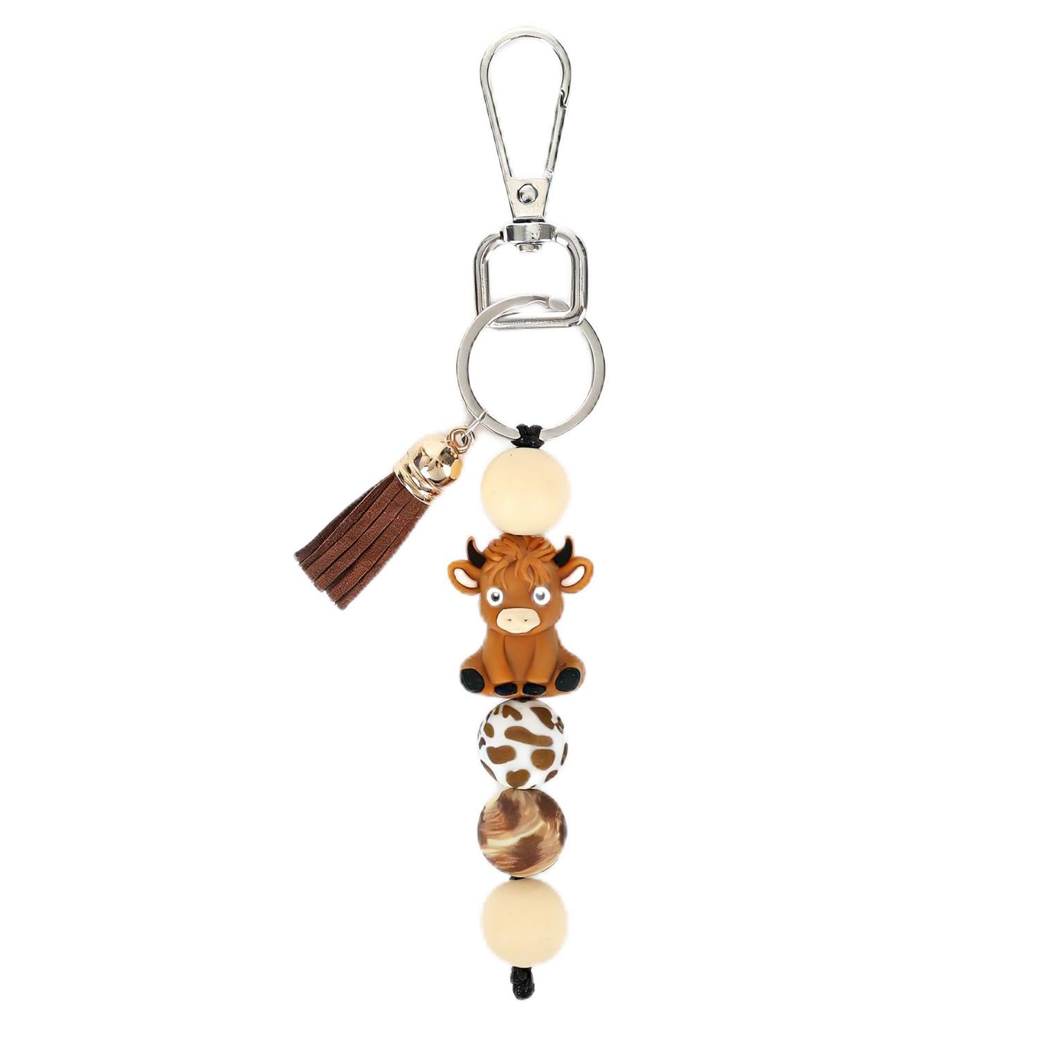 Highland Cow Keyrings Gifts - Cute Animal Highland Cow Keychain with Beads Tassel, Key Ring Gifts for Women Men Car Key Pouch Bag Decorations Accessories Keepsake