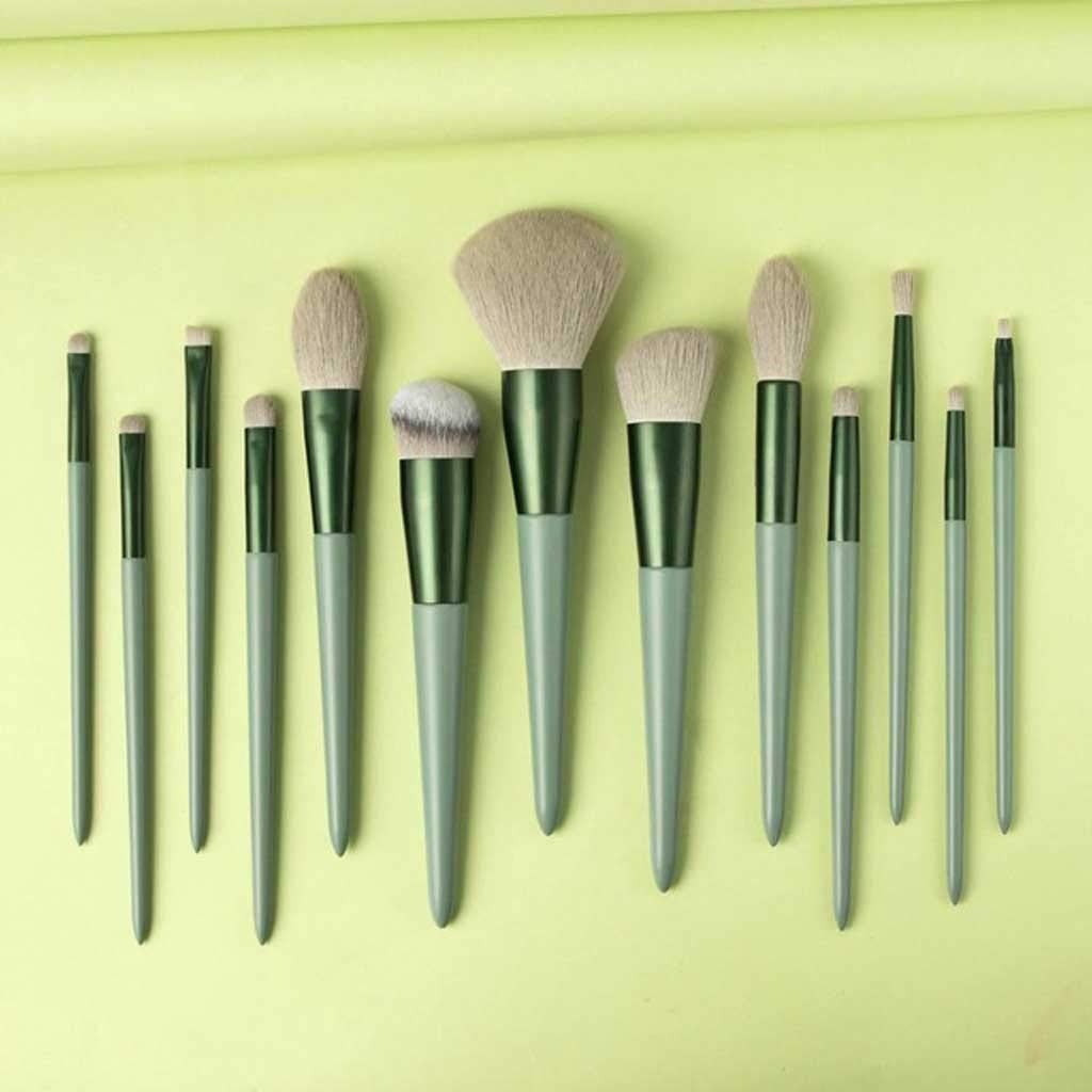 13Pcs Professional Makeup Brushes Set Seasons Green Milk Tea Color Wood Handle Eyebrow Eyeliner Blending Brush Make Up Tools(D)