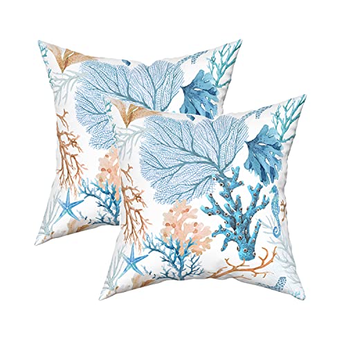 Coastal - Juego de 2 fundas de almohada de estrellas de mar de coral náutico, 45,7 x 45,7 cm, funda de almohada cuadrada decorativa de algodón para el hogar, sofá, cama, sofá al aire libre Cover