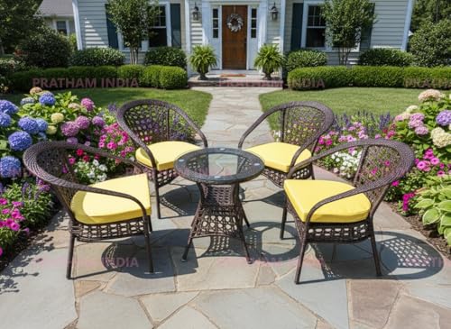 Image of India Outdoor Indoor Patio Furniture Sets Rattan Chair Patio Set Conversation Set Poolside Lawn Chairs Swingarea Balcony Outdoor Garden Furniture Chair (Brown with Yellow Cushion 4+1)