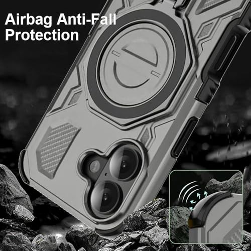Image of KARWAN Tough Shockproof Armor Back Case Cover Compatible with iPhone 16 with 360 Degree Rotation Magnetic Attraction Ring, Holder Heavy Duty Rugged Cover with MagEaze Wireless Charging (Grey)