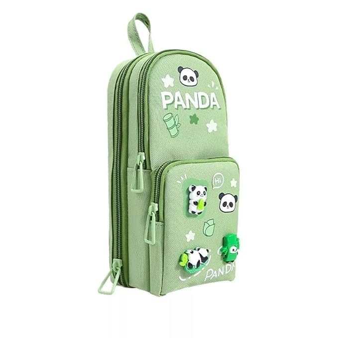 Image of Panda 3-Layer Big Capacity Pencil Case for Kids with Free Panda Push-Pull Eraser | School Bag Shape 6-Layer Storage Pencil Pouch | Cute Cartoon Stationery Organizer (Green Panda)
