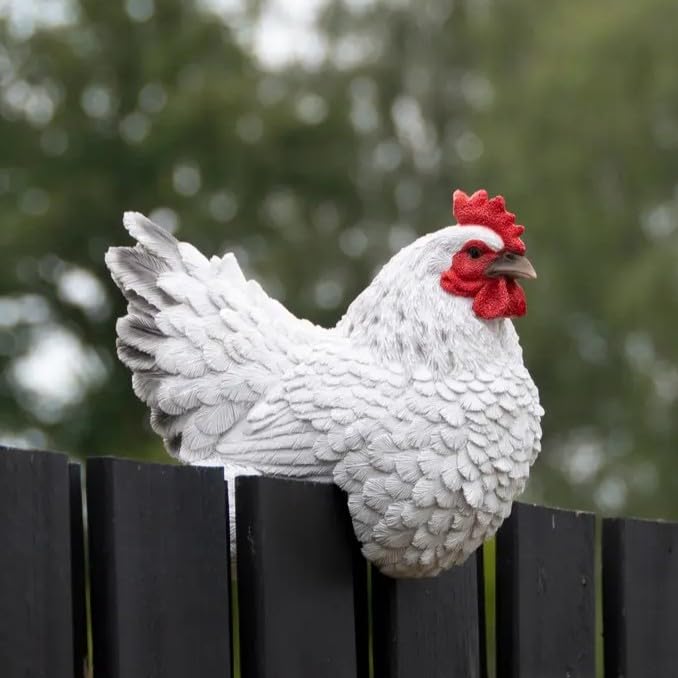Hühner Deko – Zaunfigur aus Polyresin, Frostsicher & UV-Beständig, Gartenfigur Zaunhocker Huhn für Außen und Innen (Weiß (12,5 x 21,8 x 17,1 cm))