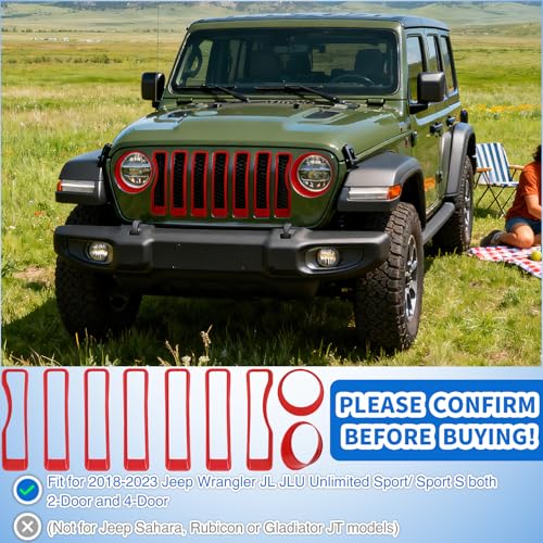 Image of Nilight Grill Inserts fit for Jeep Wrangler Front Grille Inserts Headlight Cover Set for JL JLU Unlimited Sport SportS 2018 2019 2020 2021 2022 2023 Grille Bezels Trim Exterior Accessories Red 9 Pcs