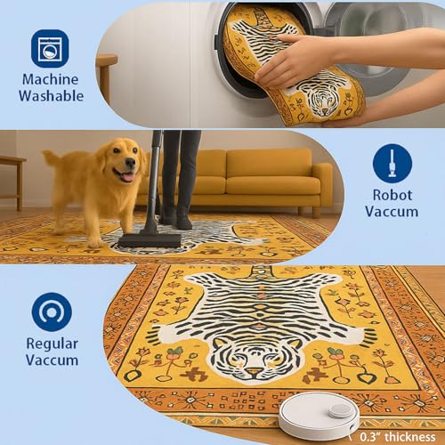 Image of LUXE HOME INTERNATIONAL Polyester White Tiger Design Carpets with Tassel Latex Backing Carpet for Hall, Living Room, Floor Rug, Bedroom Area Rug (3x5ft Multi)