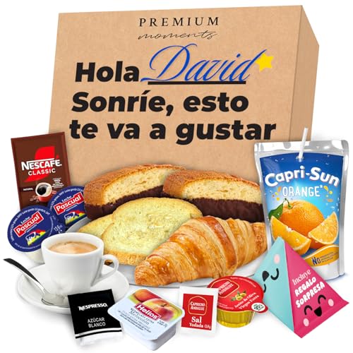 Desayuno Sorpresa Mediterraneo - Cajita Personalizable con Croissant, Tostadas, Bizcochos, Café, Leche, Zumo de Naranja y Amuleto Sorpresa - Ideal para Casa, Hoteles, Hospitales. Caja Sonrisa