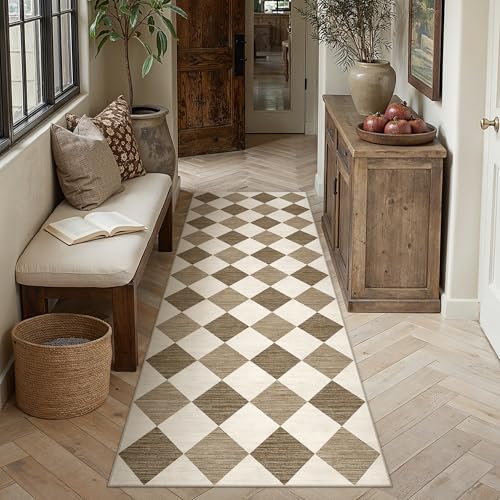 WondRg 2x8 Checkered Brown Runner Rug, Washable, Non-Slip