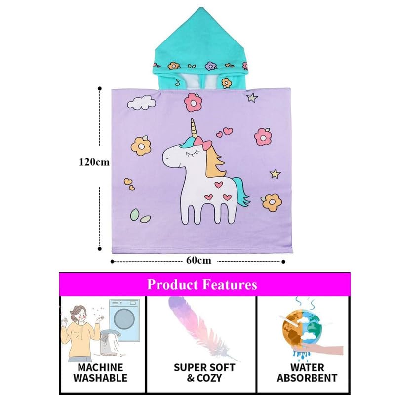 Image of Famyo Purple Unicorn Poncho Towel for Kids | Hooded Bath Towels | 60 x 60cm Toddler Pool Towel for Boys & Girls, 1-7 Years | Cute & Cozy Bathrobe Alternative