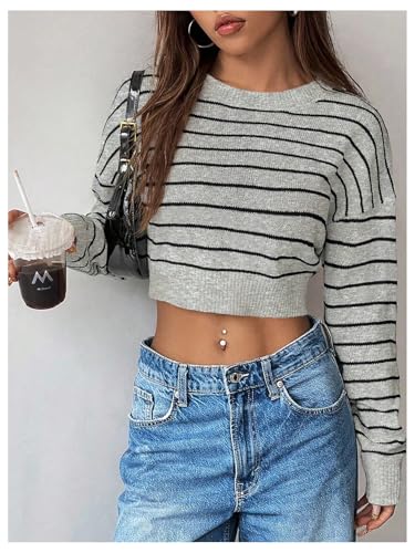 Image of Verdusa Women's Striped Y2k Crop Sweaters Crew Neck Long Sleeve Pullover Knitted Tops