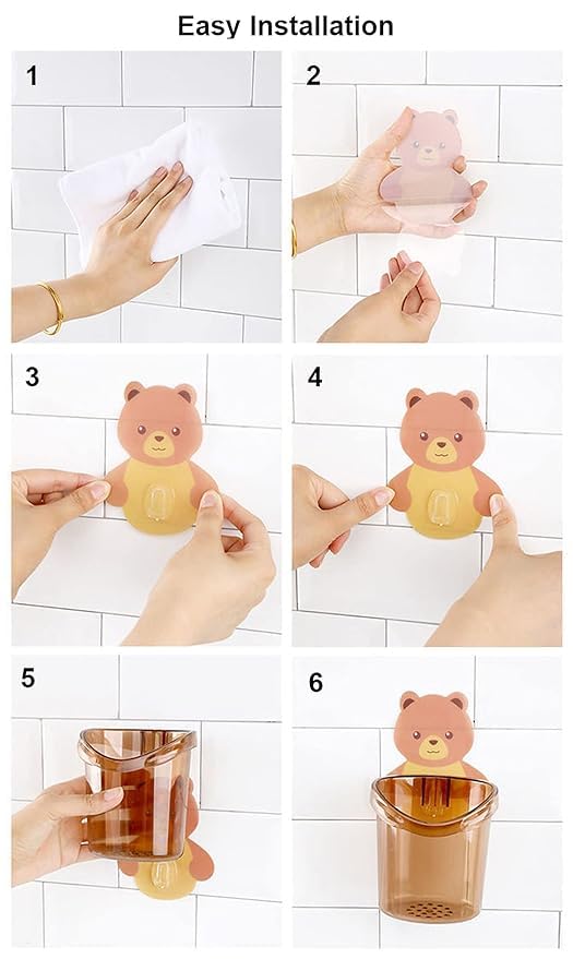 YEKDA 2 Pcs Plastic Stand for Toothpaste Teddy Bear Tooth Brush Holder Comb, Brush, Cream, Lotion Kids Bathroom Cup Drain Waterproof Self-Adhesive(Multi Color) 4