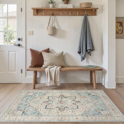 Tortania Area Rug Living Room Rugs - 3x5 Washable Rug Vintage Oriental Distressed Farmhouse Small Thin Indoor Carpet for Living Room Bedroom Under Dining Table Home Office - Aqua Multi