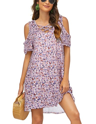 Image of Bluetime Women Cold Shoulder Summer Dress Short Sleeve Beach Casual Loose Swing Dress