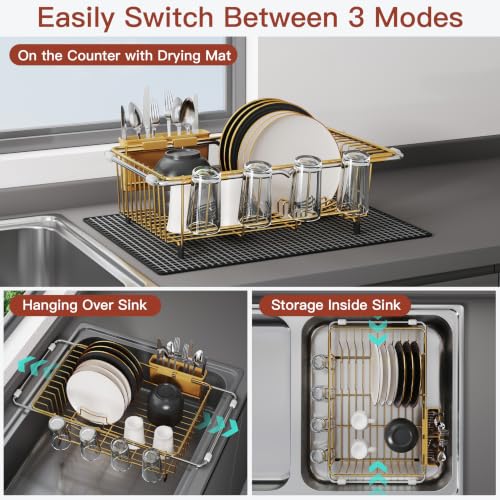 Image of JASIWAY Gold Dish Drying Rack in Sink with Mat, Cups and Utensil Holder