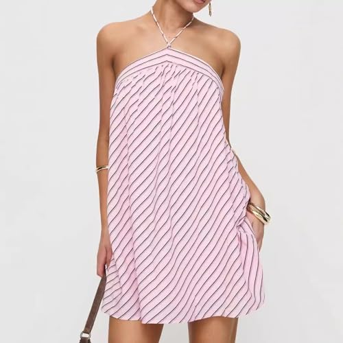 Women's Striped Halter Mini Dress for Summer Sexy Backless Sleeveless Dresses Cute Beach Vacation Outfits2
