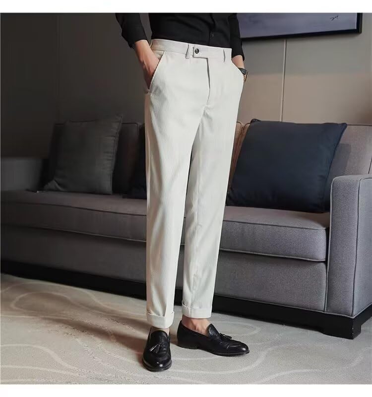 Men’s Corduroy Dress Pants Straight Fit Flat-Front Suit Trouser High Waist Casual Business Suit Pants Long3