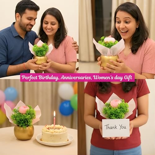 Image of Bombay Greens Gold Metal Pot with Flower Plant | Decorative Indoor Tabletop Flower Pot | Mini Faux Plant for Home & Office Decor | Living Room, Bedroom & Desk Decoration | Gift Item