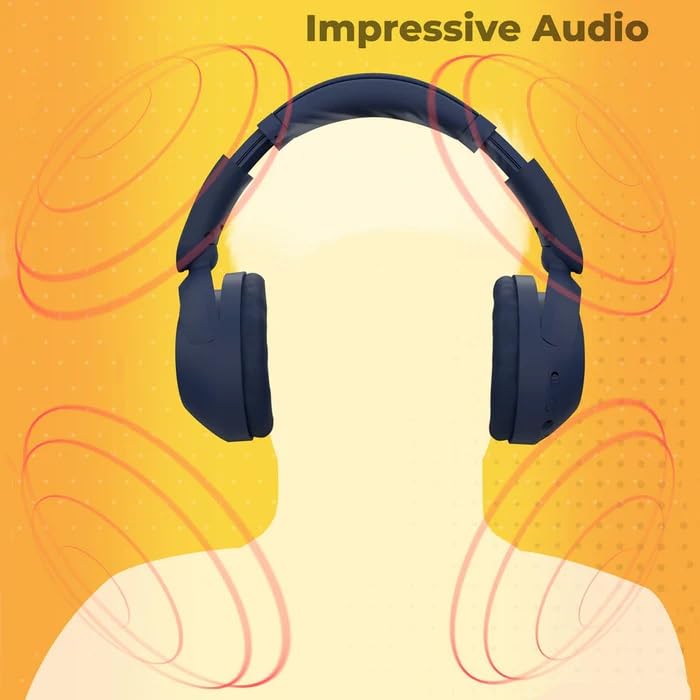 Illustration of a person wearing the headphones with sound waves emanating, labeled 'Impressive Audio'.