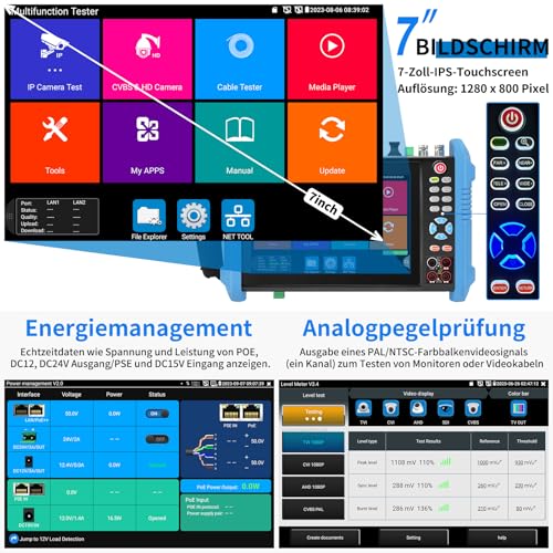 Henkion IPC-9800MOVTADHS Pro CCTV-Kameratester 8K 32MP IPC-Test 7-Zoll-IPS-Touchscreen-Monitor CCTV-Tester Unterstützung 4K 8MP HD-TVI CVI AHD SDI IP-Kameratest DMM OPM TDR POE RS485 WiFi HDMI VGA