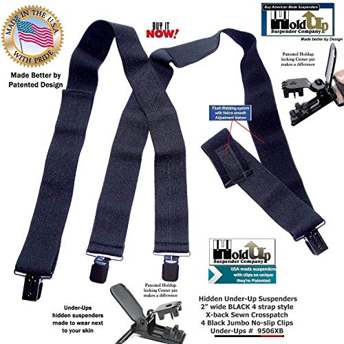 Holdup Brand 2\" Wide Black Undergarment Hidden Suspenders with/Patented Black No-slip Clips
