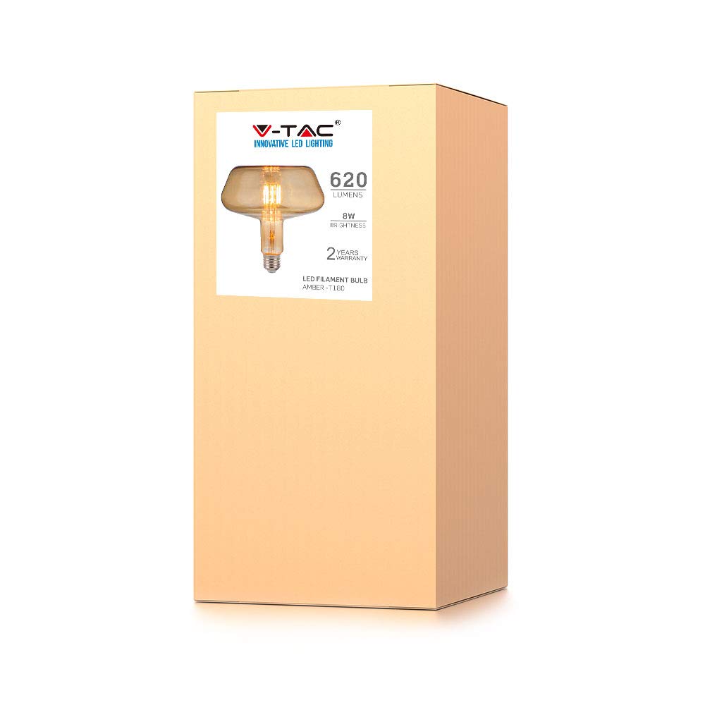 BOMBILLA T180 LED 8W FILAMENTO GRANDE E27 ATAQUE LUZ CA'LIDA 2200K VIDRIO COLOR AMBAR VT-2308 2790
