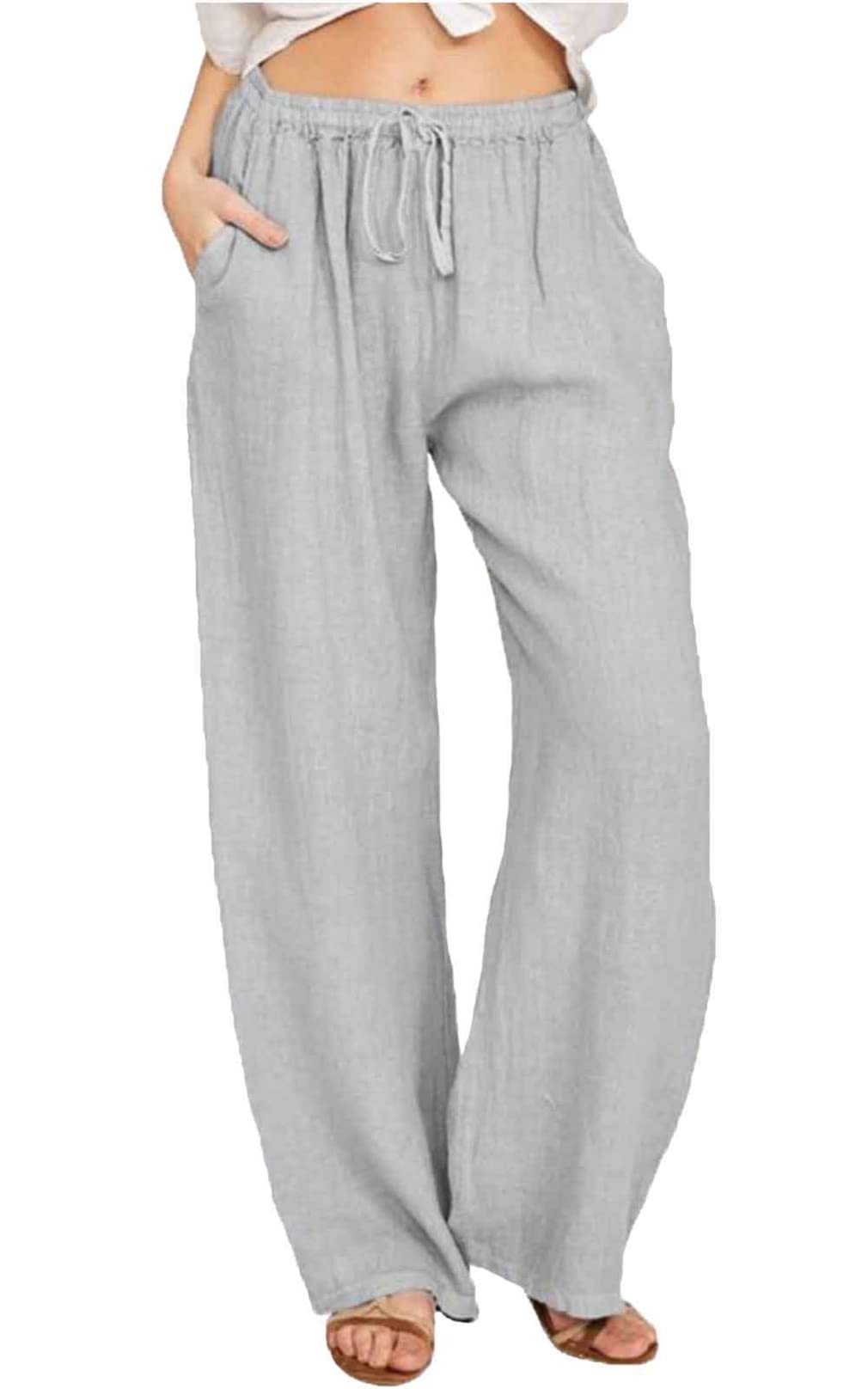 Pantalones de Lino Mujer Verano Cintura Alta Elástica Cordón Ancho Algodón