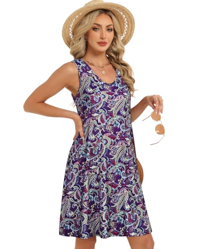 Image of Womens Summer Dresses Casual V Neck Sleeveless Pockets Beach Loose Sundress | 2026 Loose Tank Sun dres with pockets, Casual Beach Cover Up, Fashion Vacation Outfits, Tshirt Floral Boho A-Line Flow Dress
