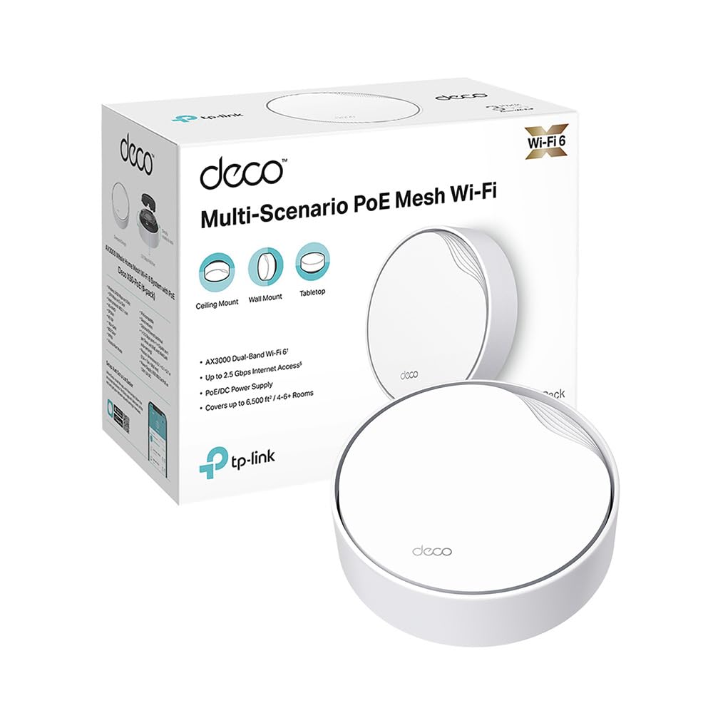 TP-Link TP-Link Deco WiFi 6 Mesh AX3000Mbps bi-bande avec PoE Deco X50-PoE(1-pack), Couverture de 230㎡, 1 port 2,5 Gbit/s + 1 port Gigabit, AI-Driven Mesh