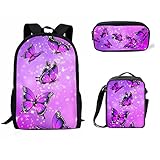 Dolyues 3 Piece Fashion Kids Backpack Set with Lunch Bag and Pencil Box, Purple Shiny Crystal Butterfly Print School Bookbag Outdoor Travel Bags Lightweight Daypack for Teen Girls