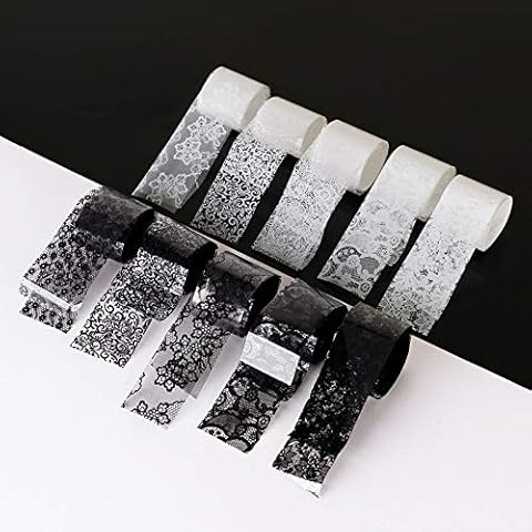 Artlalic 10 Rolls 2.5 * 60cm New Black White Lace Transfer Foil Nail Art Sexy Full Wraps Flower Glue Adhesive DIY Manicure Styling Tools Cover