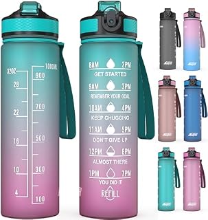Water Bottle 1L - 1 Litre Water Bottle with Straw, Water Bottle with Time Markings and Filter, Motivational Sports Water Bottle BPA Free for Running,cycling, Gym, School & Office (Pink)
