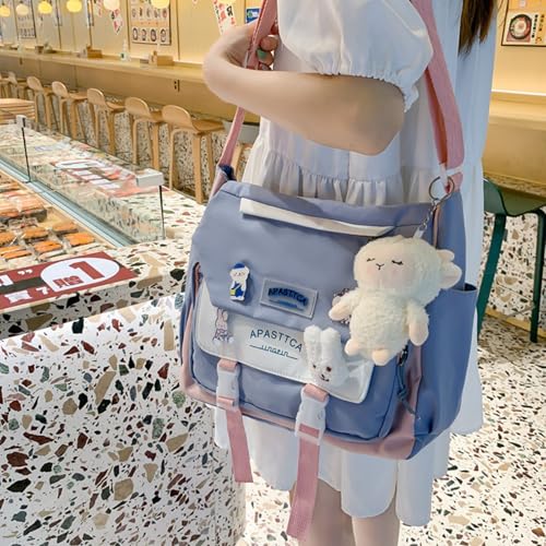 Cute Messenger Bag Kawaii Crossbody Bag for Women Teen Girls Nylon Shoulder Purse with Pins and Stuffed Pendant Gift 6