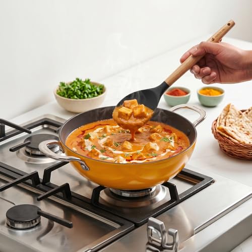Image of CUMIN CO. Enamel Cast Iron Kadai LITE with Lid | 4L, 28 cm |5 Years Warranty | Non Toxic Heavy Bottom Kadhai for Frying | Induction & Gas Compatible | Chemical Free Coating | Mustard