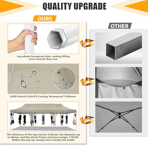 Image of HOTEEL 10x30 Heavy Duty Pop Up Canopy, Commercial Instant Canopy for Party Wedding Event, Waterproof UV 50+ & Windproof Outdoor Tent, Upgraded Thick Hexagonal Legs Tent with Wheeled Bag, Khaki