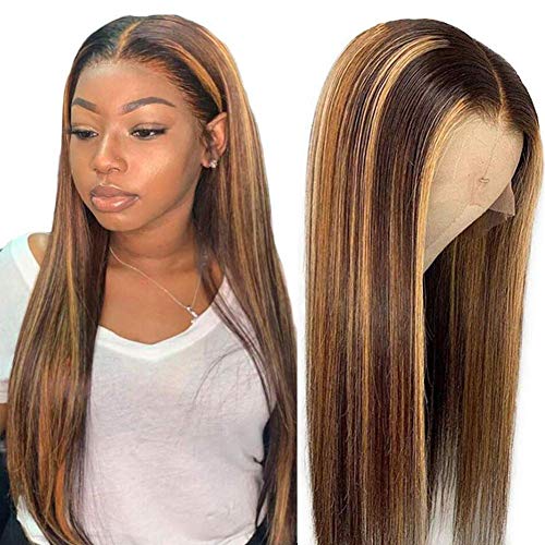 TEMAN 4/27 Ombre Highlight 4x1 T-part Lace Front Wigs Honey Blonde Straight Remy Brazilian Human Hair Wigs for Women Middle Part Pre Plucked with Baby Hair 150% Density (18", Mixed 4/27)