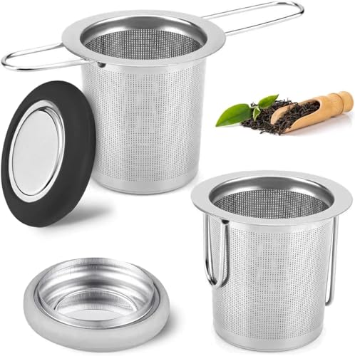 Gykutix 2 Piezas Infusor de Te de Acero Inoxidable 304 Filtro Infusiones Reutilizable Colador Te Universals Infusionador de Te con Tapa y Asa Plegable, para Tazas, Tetera, Café Ollas, Cuencos de Té