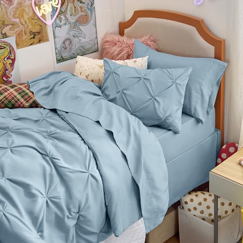 Image of Bedsure Twin Comforter Set Light Blue - Bed in a Bag Twin Size Bedding 5 Pieces, GentleSoft Pintuck Bed Set Gift for Family, All Season Down Alternative Comforter with Sheets, Pillowcase & Sham