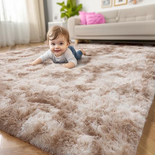 Amdrebio Tie-Dyed Beige Area Rugs for Bedroom Kids Room, 5x7 Cute Fluffy Plush Shaggy Rug for Living Room Decor Aesthetic, Soft Furry Fuzzy Neutral Tan Carpet for Baby Nursery Playroom Preppy Dorm