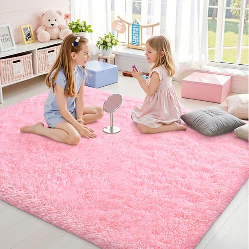 OLANLY Area Rugs for Living Room Bedroom, Machine Washable 4x5.9 ft Soft Fluffy Shaggy Bedside Rug, Indoor Floor Carpet for Kids Girls and Boys, Dorms, Nursery Rooms, Home Decor Aesthetic, Pink