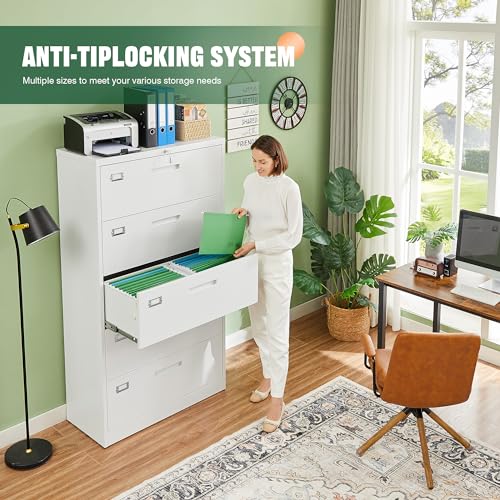 Image of Letaya Lateral 5 Drawer File Cabinet with Lock,Metal Wide White Filing Cabinets for Home Office Storage A4 /F4 /Letter /Legal(Assembly Required)