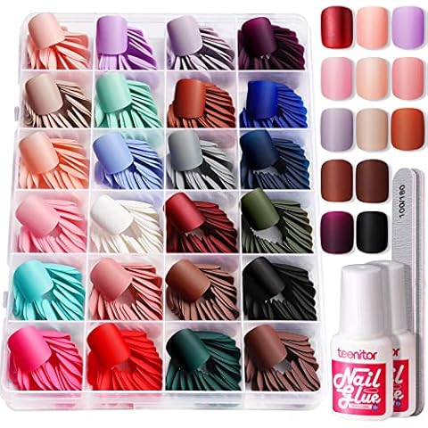 Teenitor 576pcs Matte Short Fake Nails with Nail Glue, 24 Colors Cover