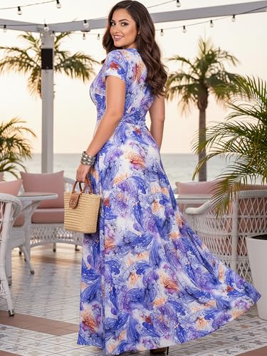 Image of KOH KOH Womens Long Cap Sleeve Floral Print V-Neck Summer Flowy Maxi Dress