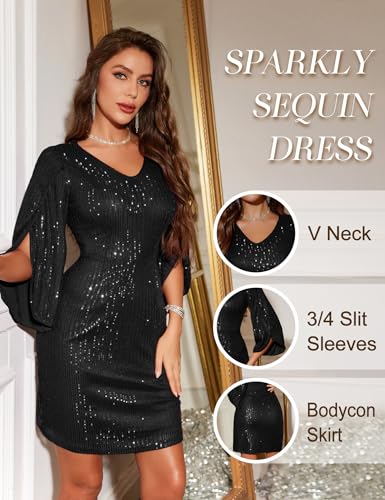 Image of Dressystar Sequin Dress for Women 2026 Sparkly Formal V Neck Long Slit Sleeves Glitter Bodycon Cocktail Party Prom Dresses