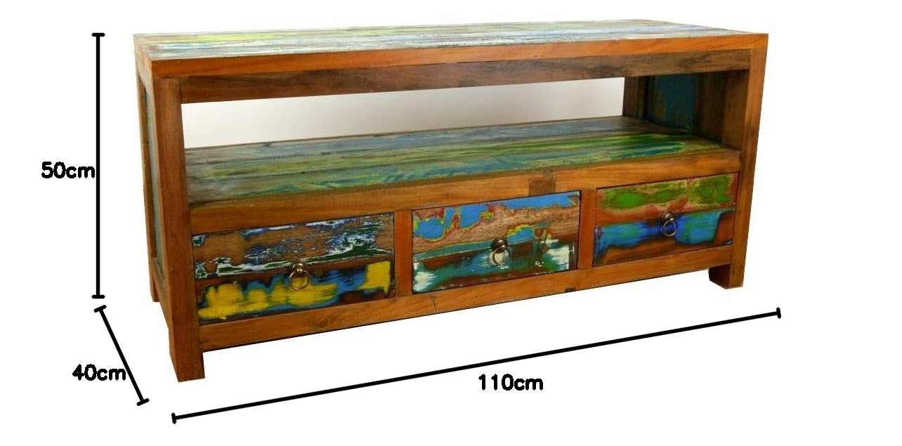 livasia Asiatisches Sideboard aus Massivholz – 110x40x50cm – Handgefertigt aus Teak Holz, Kommode aus recycelten Fischerbooten, Robust und Zeitlos, Shabby Look (Bunt)