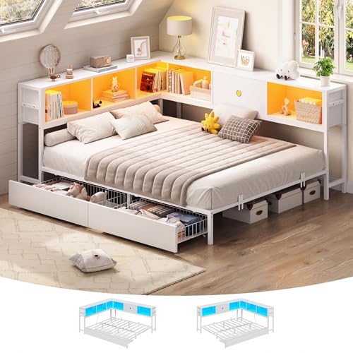 Image of Hasuit Queen Corner Bed Frame with Storage Drawers and Bookcase Headboard, Queen Size Metal Platform Corner Bed Frame with Charging Station and LED Lights, Queen Daybed for Adults Teens Guests, White