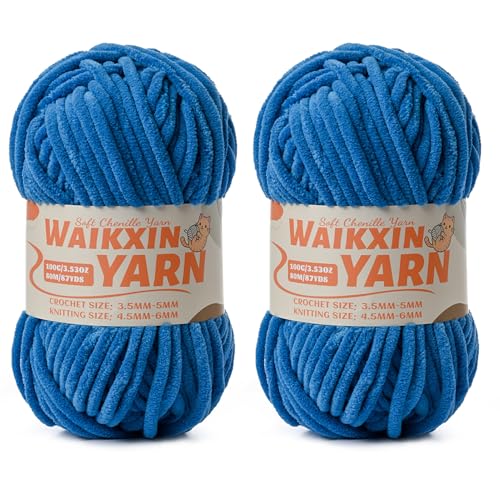 Image of (2 Blue) 2 Pack Super Soft Fuzzy Chenille Chunky Yarn for Crocheting, 200g (175yds) Fluffy Velvet Yarn for Hand Knitting Baby Blankets Weaving Craft