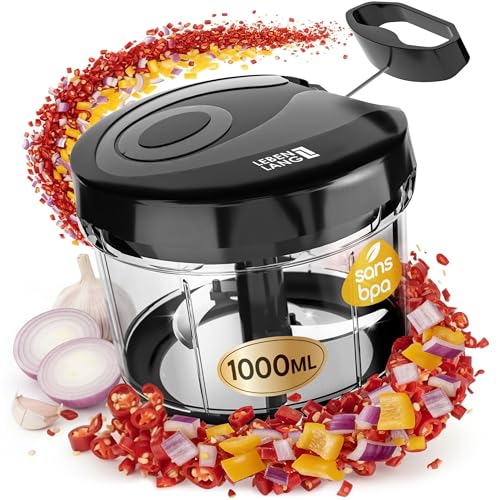 LEBENLANG Hachoir manuel legume & coupe oignon - Noir 1L mixeur manuel & BPA-Free I Moulinette manuelle Hachoir ail vegetable chopper Mini-robots et hachoirs a...