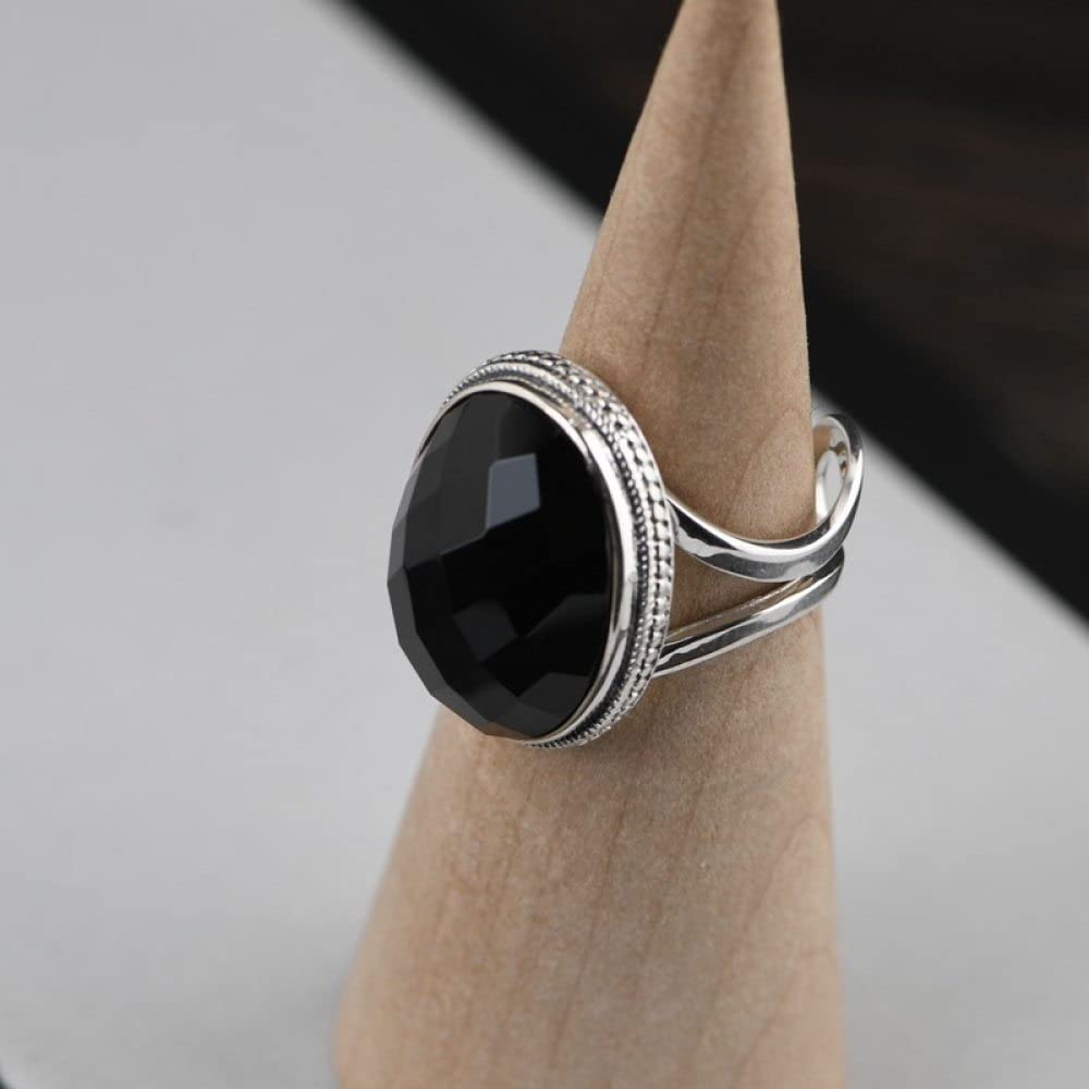 Anello in Argento 925 da Donna,Anelli Regolabili da Donna in Argento Sterling 925 Rotondi con Onice Nero Anelli Regolabili Sfaccettati retrò Vecchia Moda Fascino Energetico Gioielli da Sposa